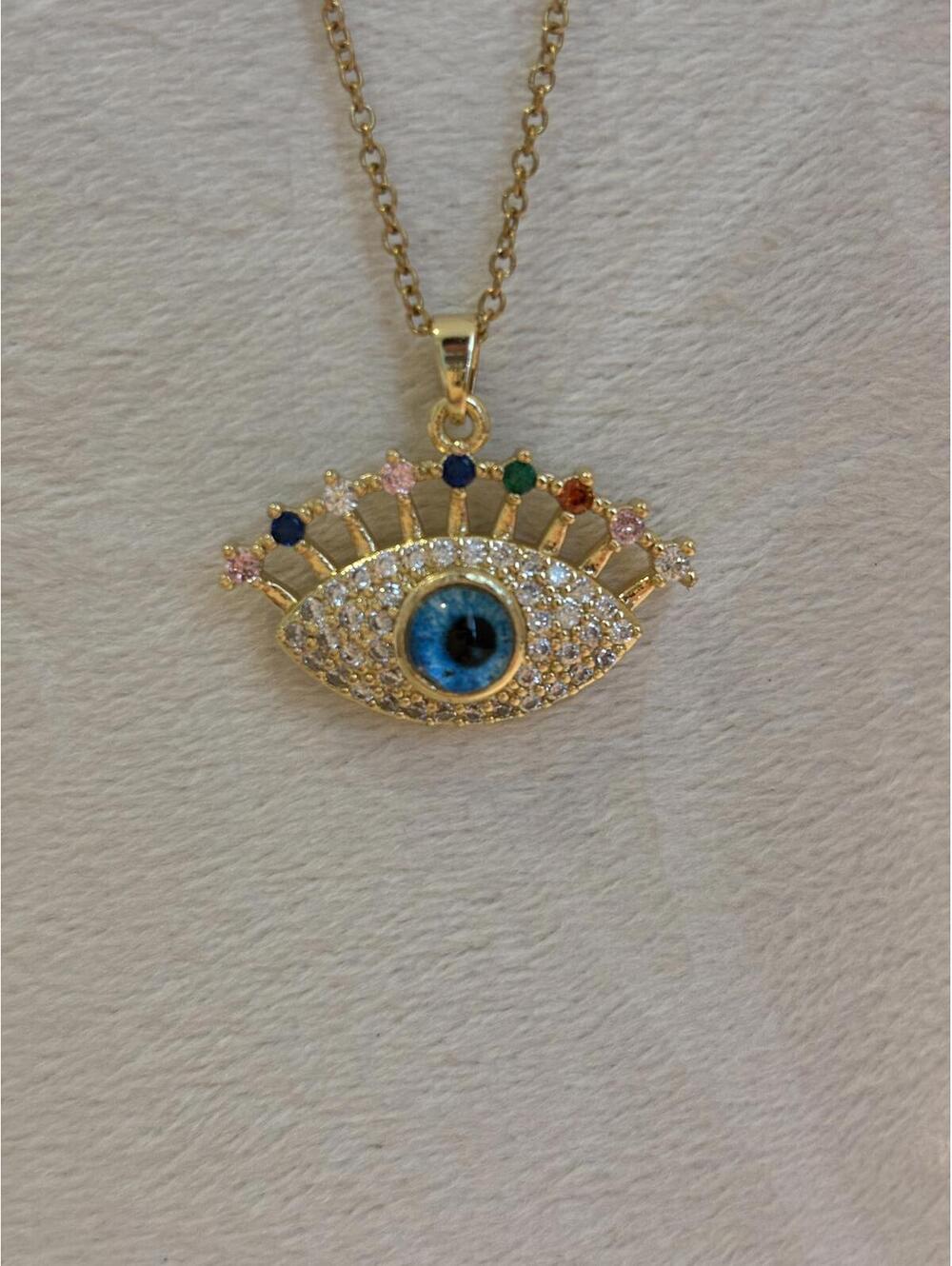 Gold Tone Multicolor Eye Pendant Necklace